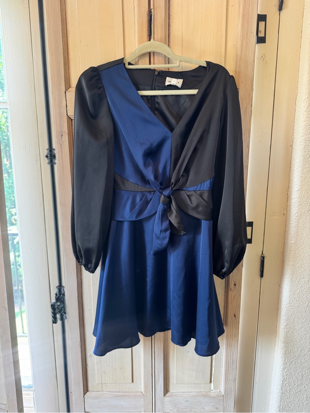 Milly Blue and Black Satin Tie-Waist Mini Dress